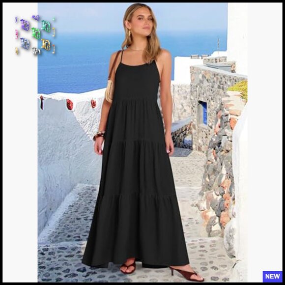 Boho Maxi Dress Oversized Tiered Flowy Summer Casual Spaghetti Strap Sundress - Picture 2 of 7